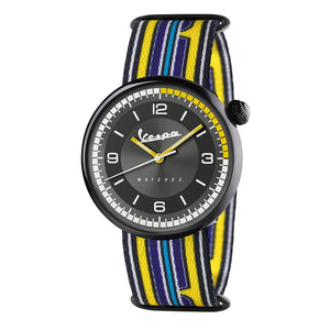 Vespa Irreverent Mens Fashion Watch - Black Bezel with Blue/Yellow Nylon Strap