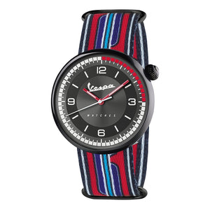 Vespa Irreverent Mens Fashion Watch - Black Bezel with Blue/Red Nylon Strap