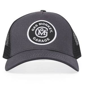Gas Monkey Garage Initial Logo Patch Trucker Cap Hat - Dark Grey / Black - Official Gas Monkey Garage Merchandise
